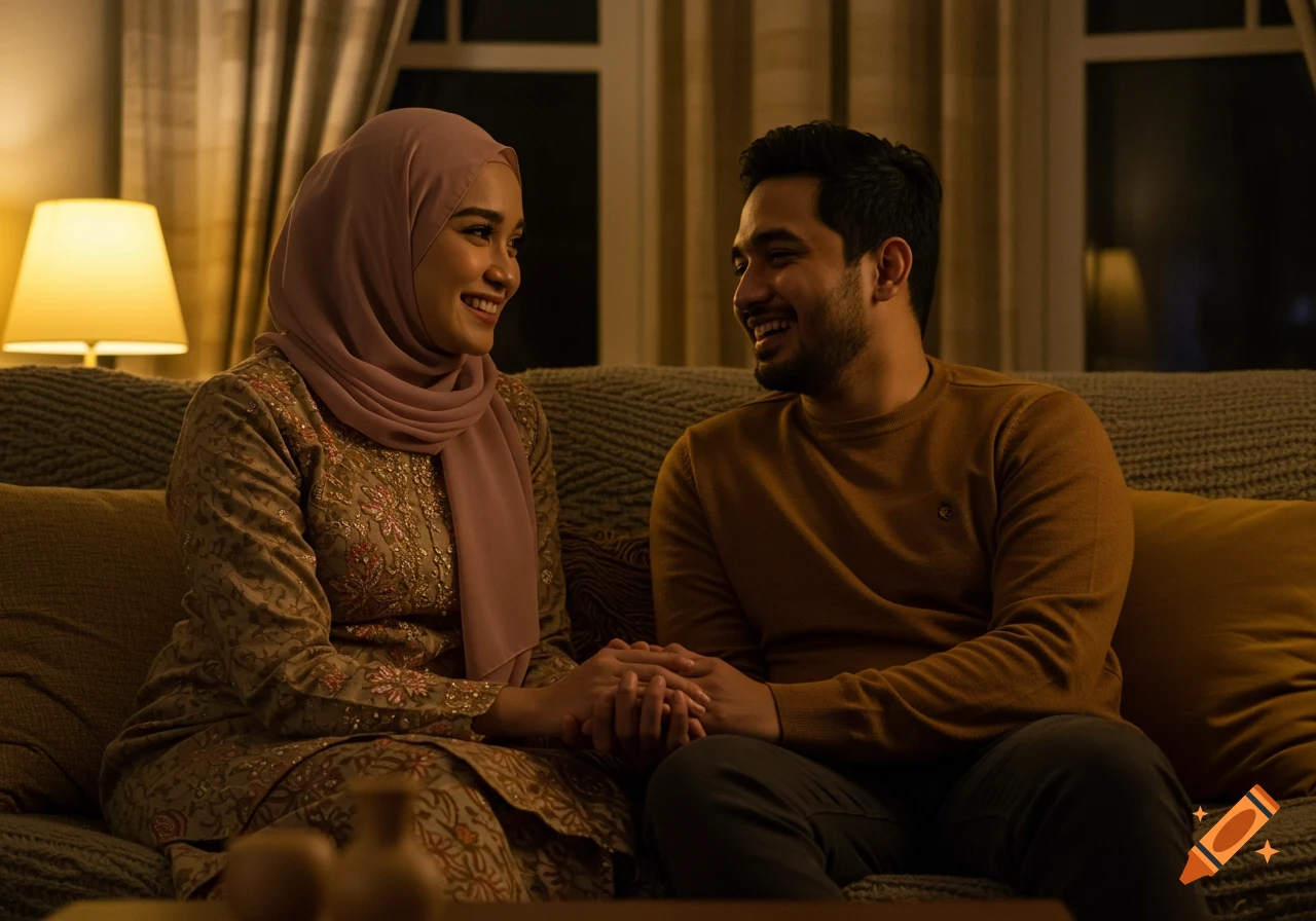 A smiling couple, a woman in a headscarf and a man in a sweater, sit on a sofa holding hands in a warm, dimly lit room.