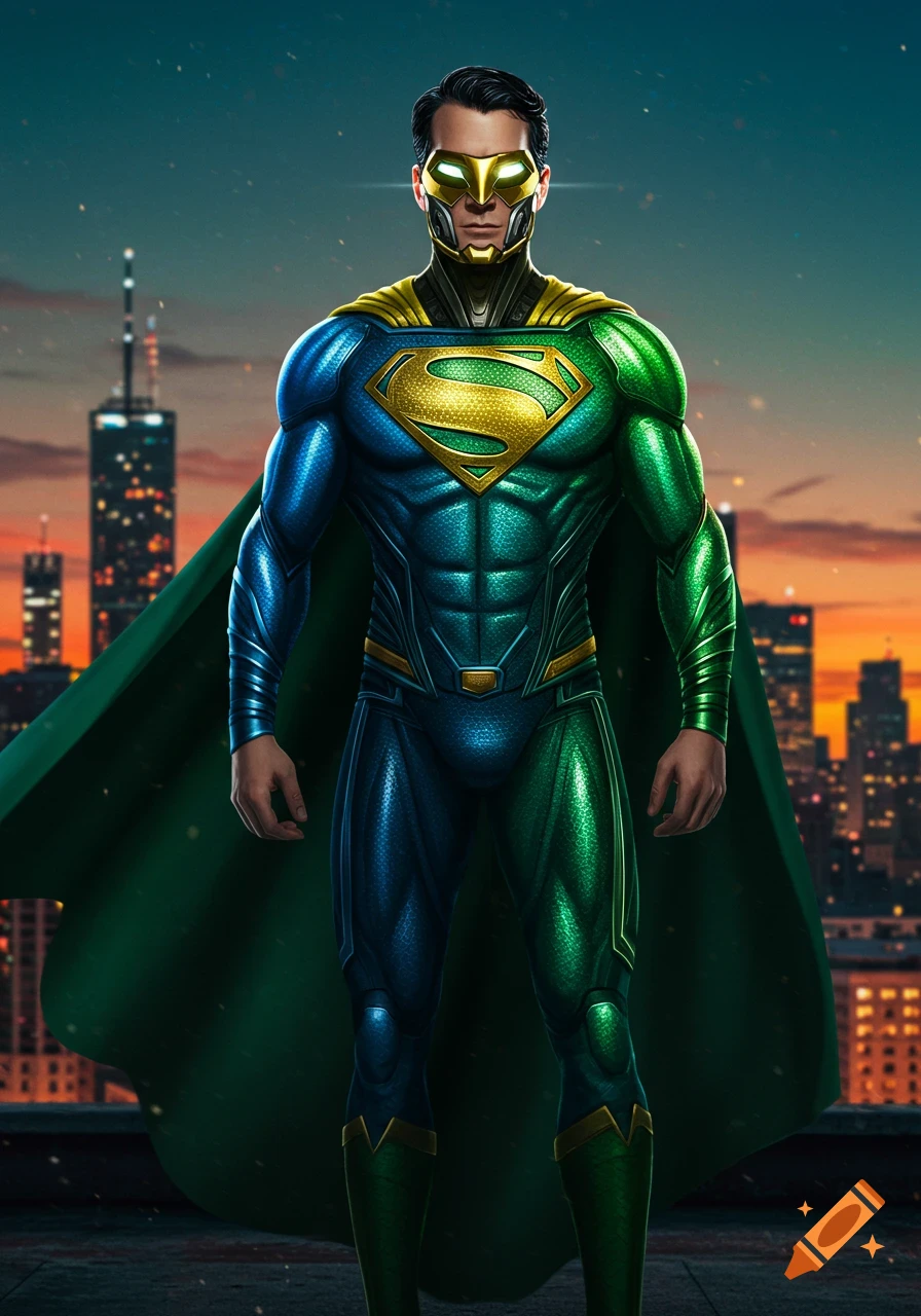 A muscular superhero in a blue, green, and gold suit with a green cape and gold face mask stands on a city rooftop at dusk.