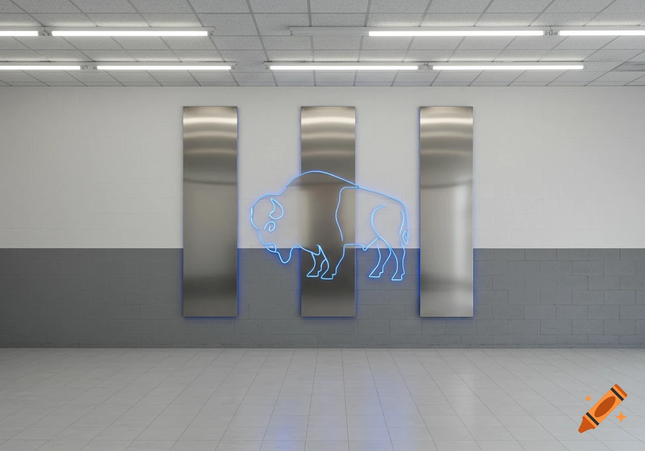 Blue neon bison outline on stainless steel panels in a brightly lit room with a white and gray cinderblock wall.