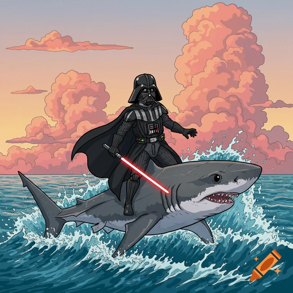 Cartoon Darth Vader rides a great white shark through ocean waves under a colorful sky.