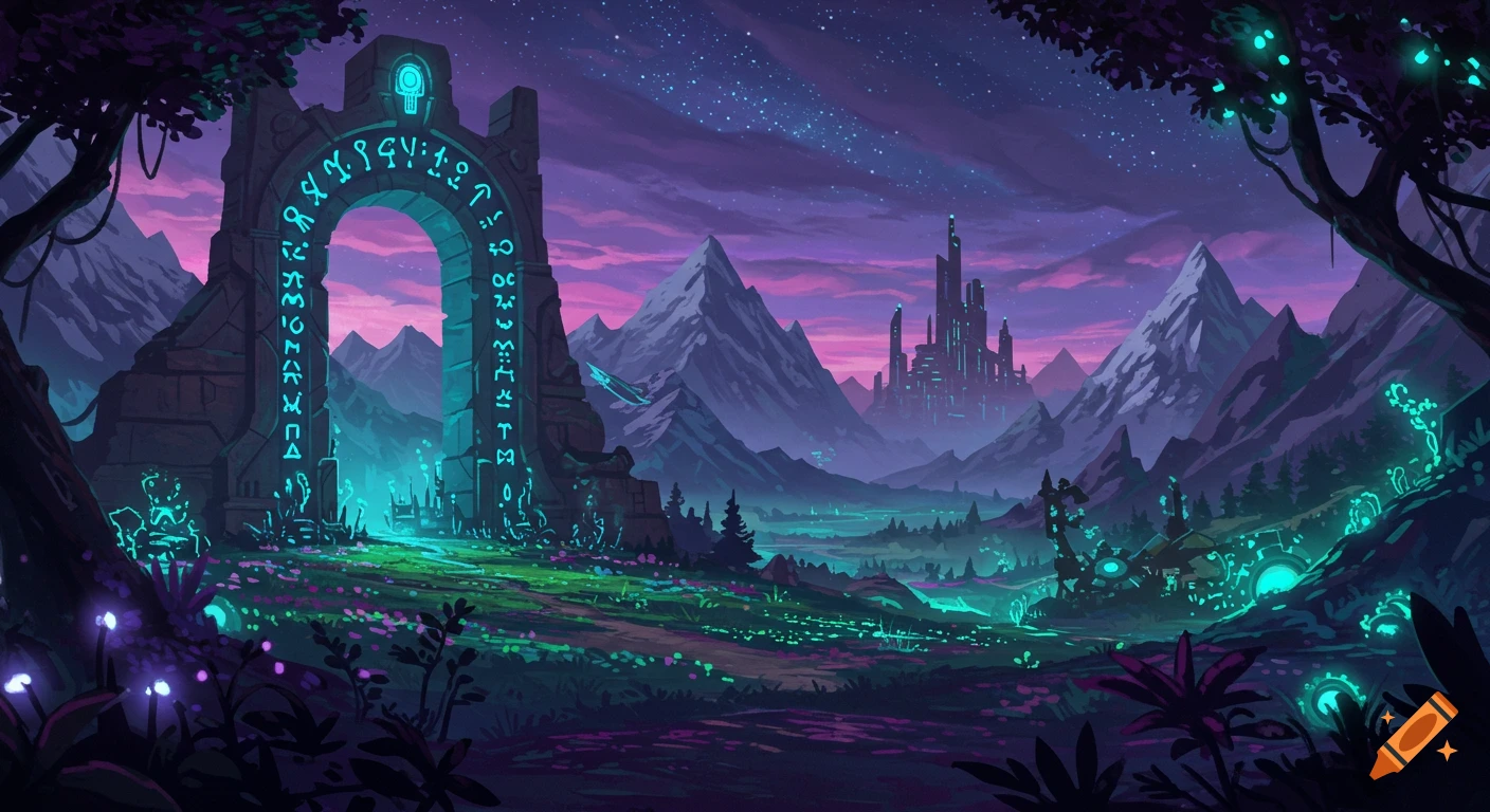 Vibrant digital art of a fantasy landscape at night with a glowing ancient archway, a futuristic city, mountains, and a starry sky.
