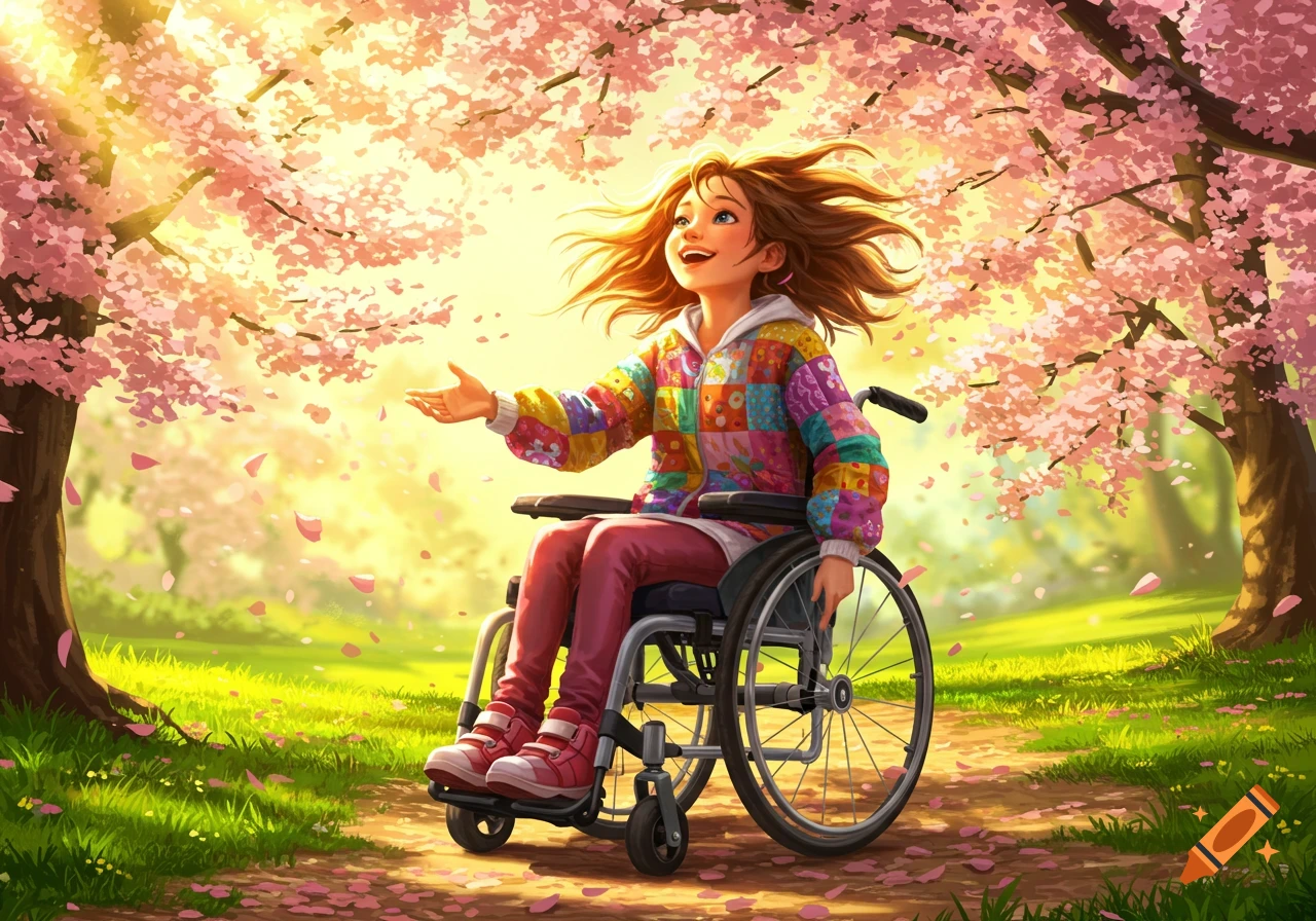 An illustration of a happy girl in a wheelchair reaching out under sunlit cherry blossom trees with falling petals.