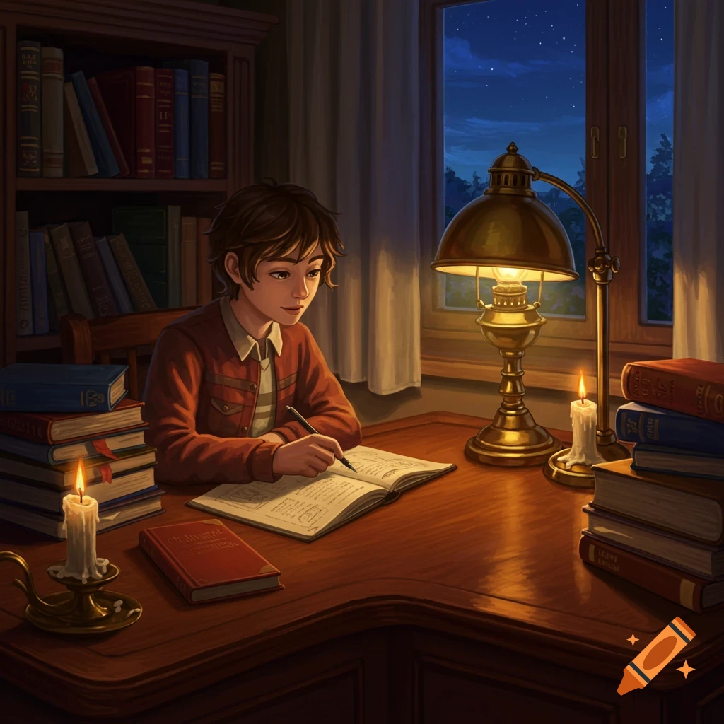 An illustrated young person studies at a cozy wooden desk, writing in a notebook by lamplight and candles, with bookshelves and a starry night outside the window.