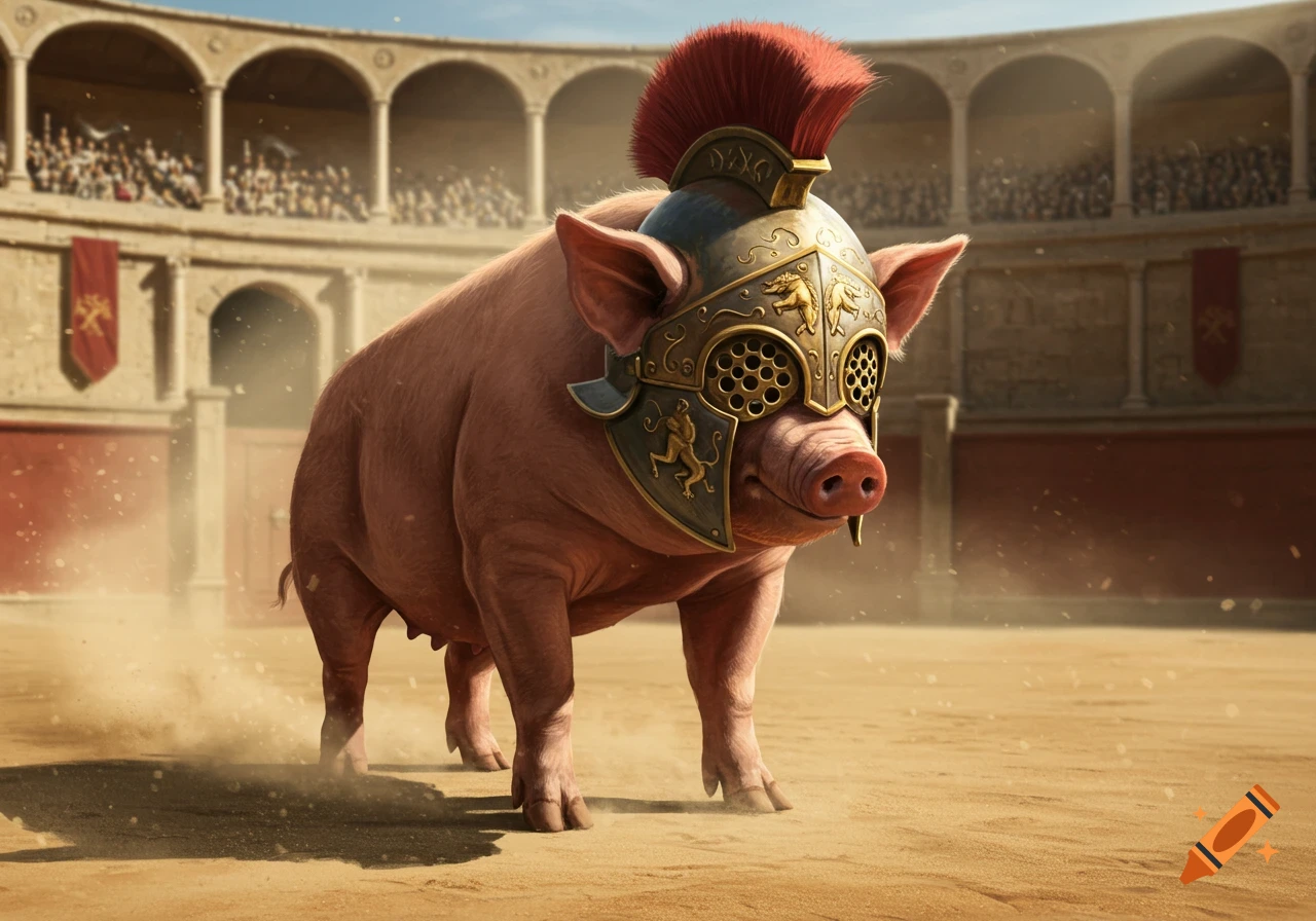 A photorealistic image of a pig wearing a gladiator helmet with a red plume, standing in a dusty Roman arena with spectators.