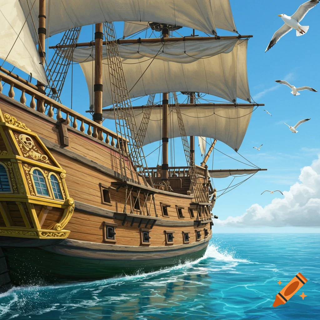 A large wooden pirate ship with white sails sails across a blue ocean under a clear sky, with seagulls flying above.