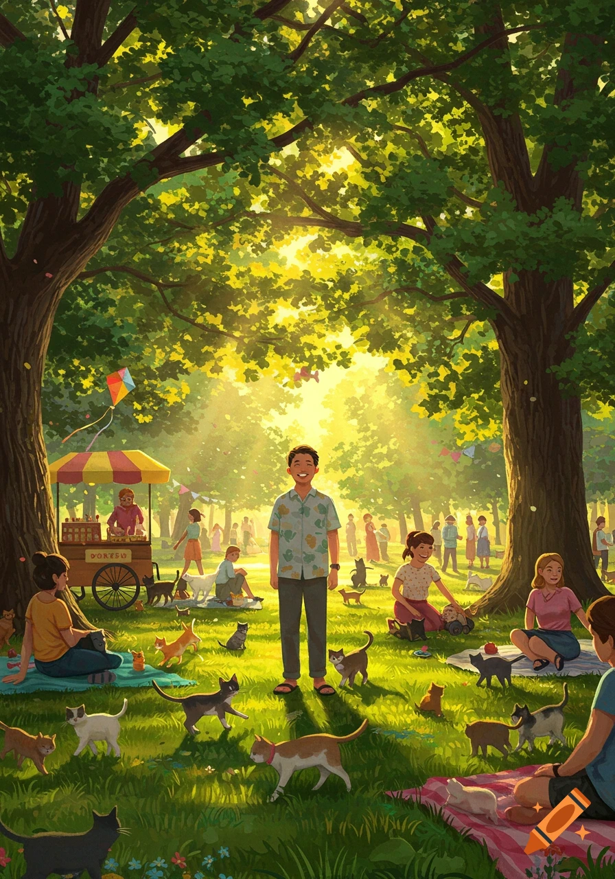 Bright illustration of a sunny park with a man, many people, and numerous cats on the grass under large trees.