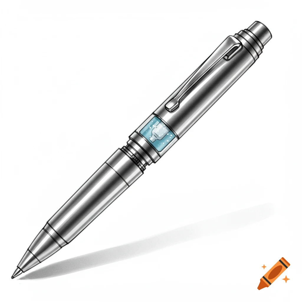 An illustration of a metallic ballpoint pen featuring a translucent blue reservoir for hand sanitizer with a pump mechanism.