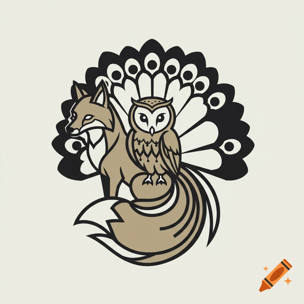 Minimalist vector illustration of a stylized chimera: a fox, an owl, and peacock feathers.