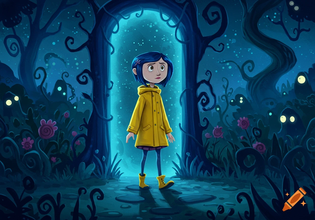 A stylized illustration of Coraline in a yellow raincoat standing before a glowing blue archway in a dark, whimsical forest.