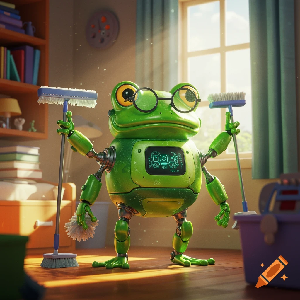 A cute green frog robot wearing glasses holds two cleaning brushes in a sunlit room.