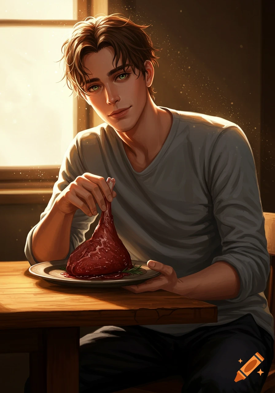 Young man with brown hair and green eyes sitting at a table, holding a large piece of raw meat on a plate in an anime art style.