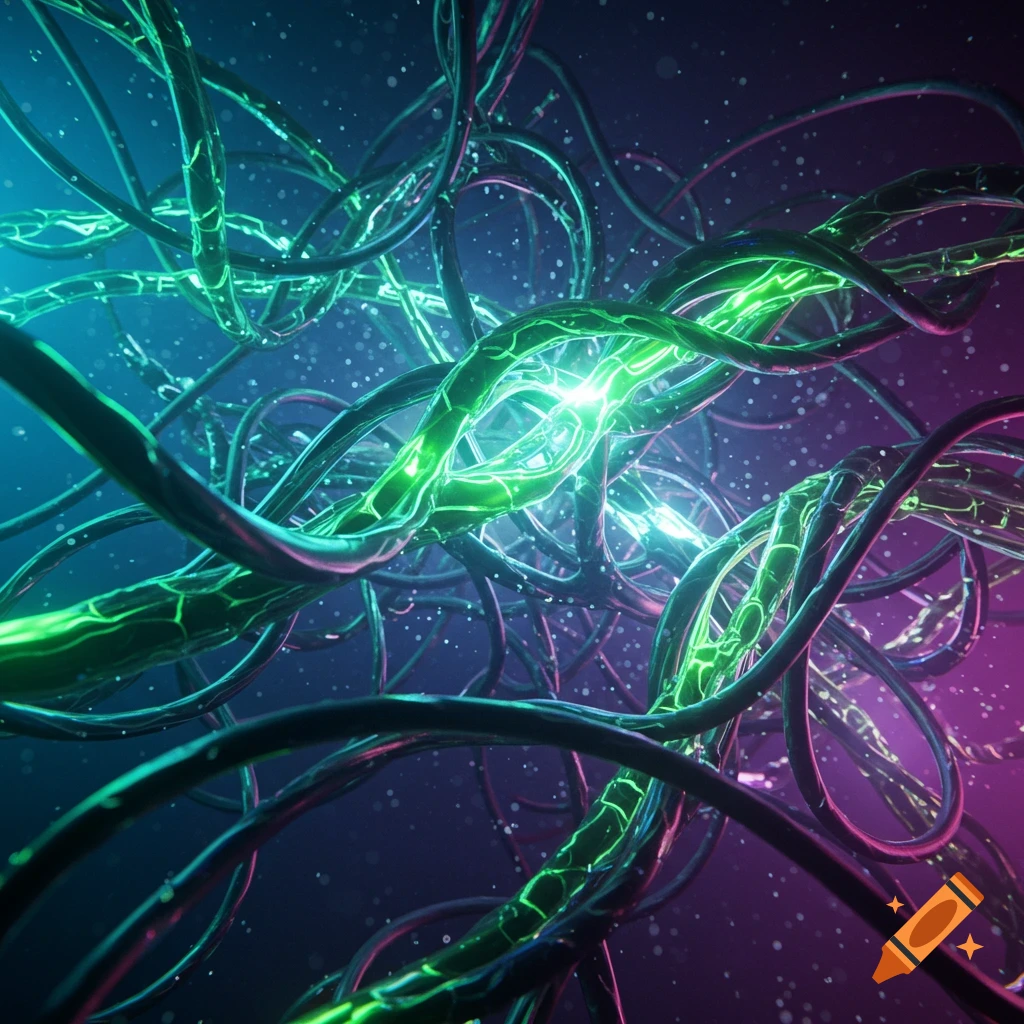 Intertwined glowing green and blue wires create an abstract, futuristic network against a dark background with particles.