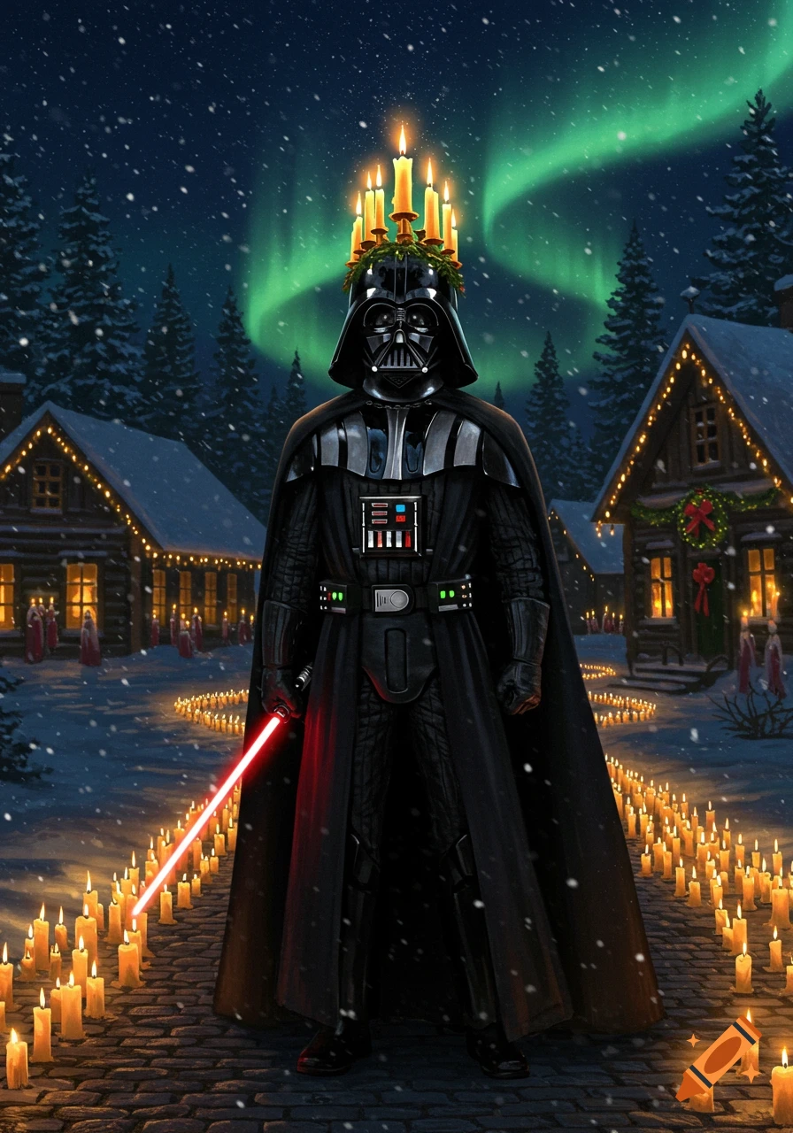 Darth Vader with a candle wreath on his helmet stands in a snowy village path lined with candles, holding a lightsaber under the Northern Lights.