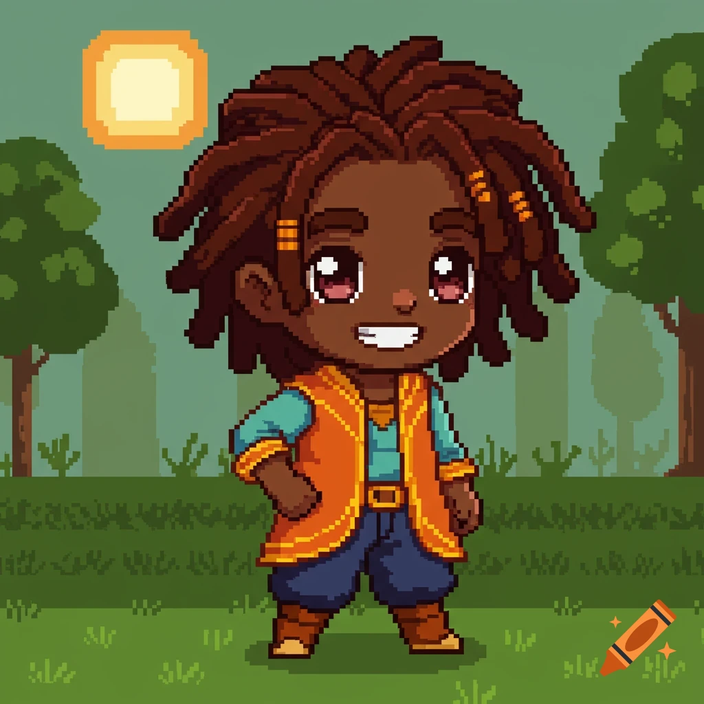 A pixel art chibi character of a Black person with dreadlocks, wearing an orange vest and blue pants, standing in a green field with trees and a sun.