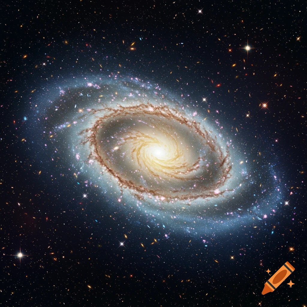 A photorealistic spiral galaxy with bright arms and a glowing core, surrounded by countless stars in deep space.