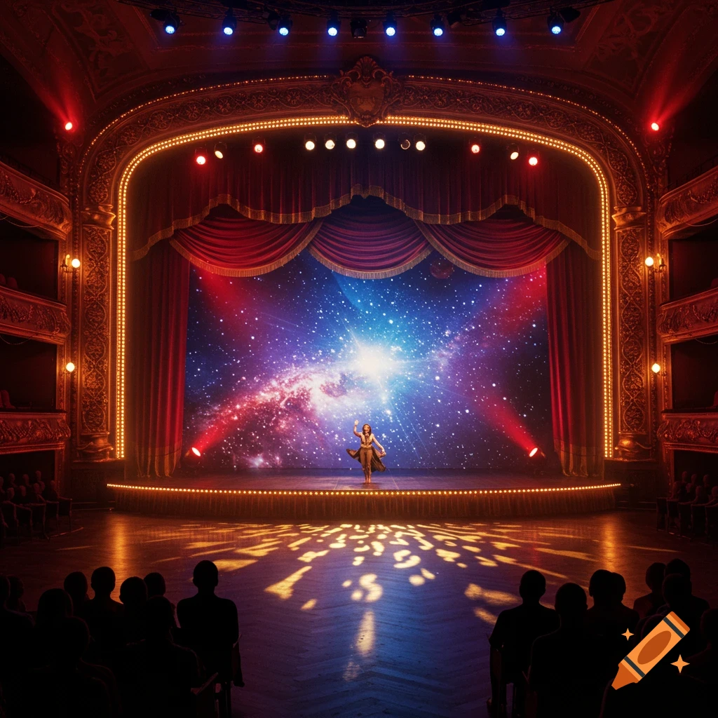 Grand theater stage with red curtains and a vivid galaxy projection, a lone performer stands before an audience.
