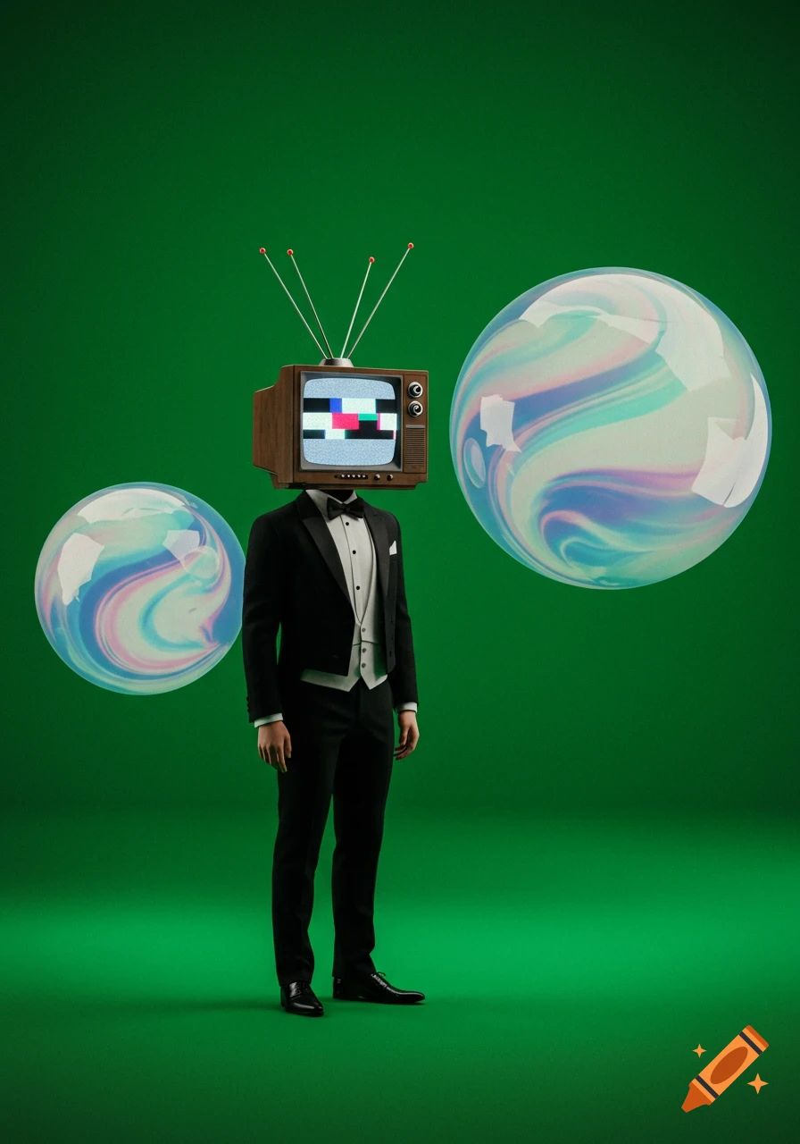 A man in a black tuxedo with a vintage TV head showing static stands on a green screen, flanked by two large iridescent spheres.