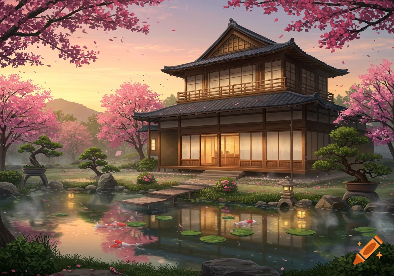 A serene Japanese house in a lush garden with pink cherry blossoms, a pond with koi fish, and stepping stones at sunset.