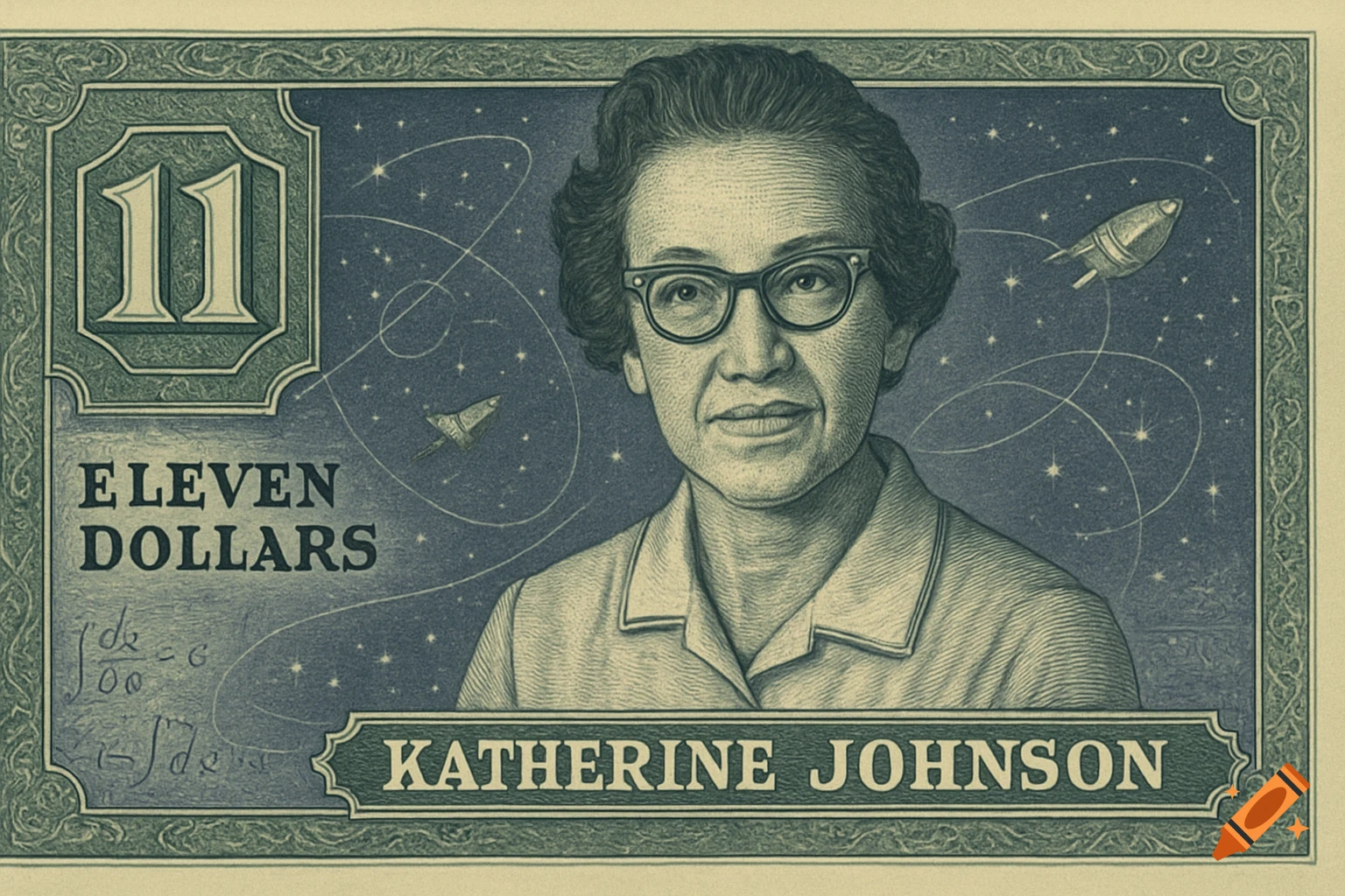 An eleven-dollar bill in engraved style, featuring a portrait of Katherine Johnson in glasses, with a space scene, rockets, and mathematical equations in the background.