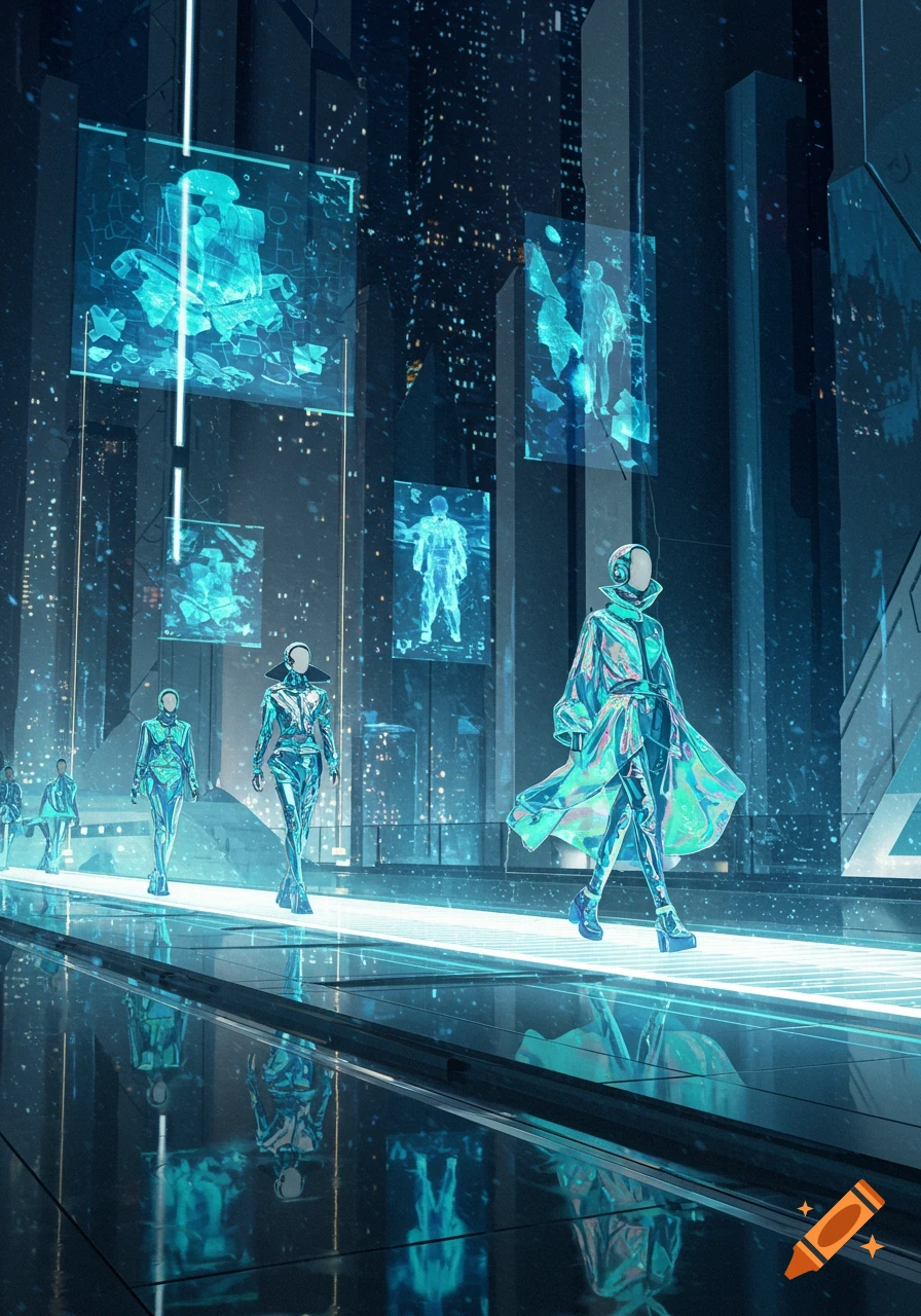 Stylized image of figures in iridescent futuristic clothing walking on a glowing runway in a neon-lit cityscape with holographic screens.