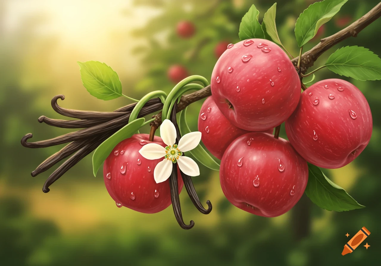 Red apples with water droplets, vanilla beans, and a white vanilla flower on a branch. Photorealistic style.
