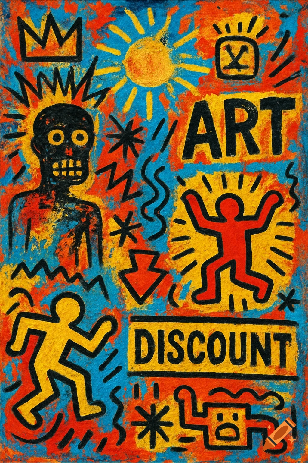 Vibrant abstract street art in the style of Basquiat and Haring featuring stylized figures, symbols, and text 'ART DISCOUNT'.
