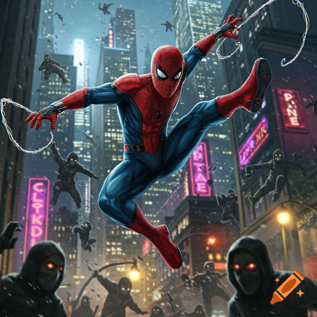 Spider-Man leaps into action in a dark city, surrounded by shadowy, red-eyed hooded figures; comic book art style.