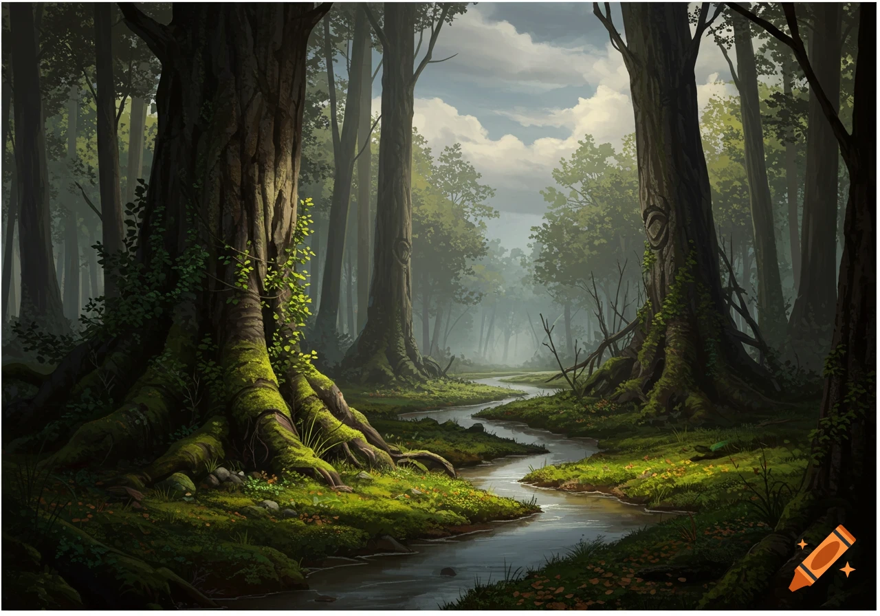 Mysterious digital painting of a deep forest with ancient moss-covered trees, a winding river, and dappled sunlight under a cloudy sky.
