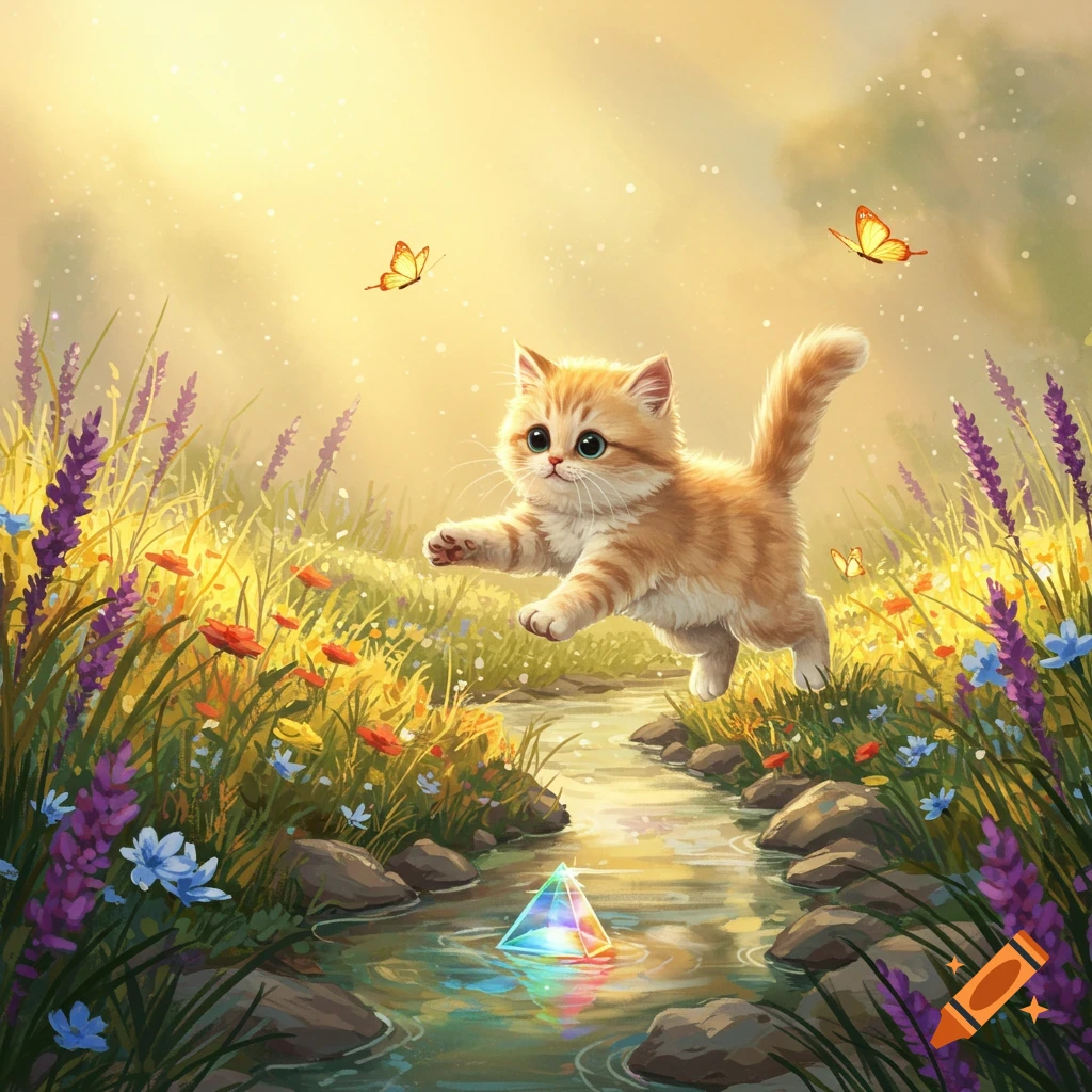 A cute fluffy orange kitten leaps over a stream in a sunlit meadow with colorful flowers, butterflies, and a glowing prism.