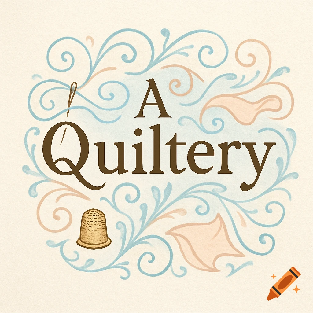 A Quiltery logo with brown text, blue and peach swirls, a needle, and a thimble on a textured cream background.