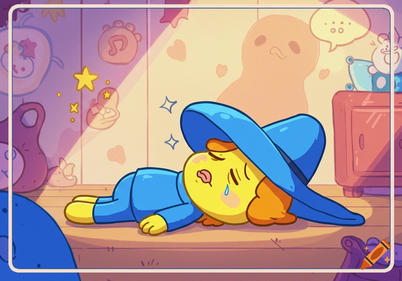 A sad yellow cartoon character in a blue hat and suit lies crying face down on a wooden floor in a colorful, cartoon-style room.