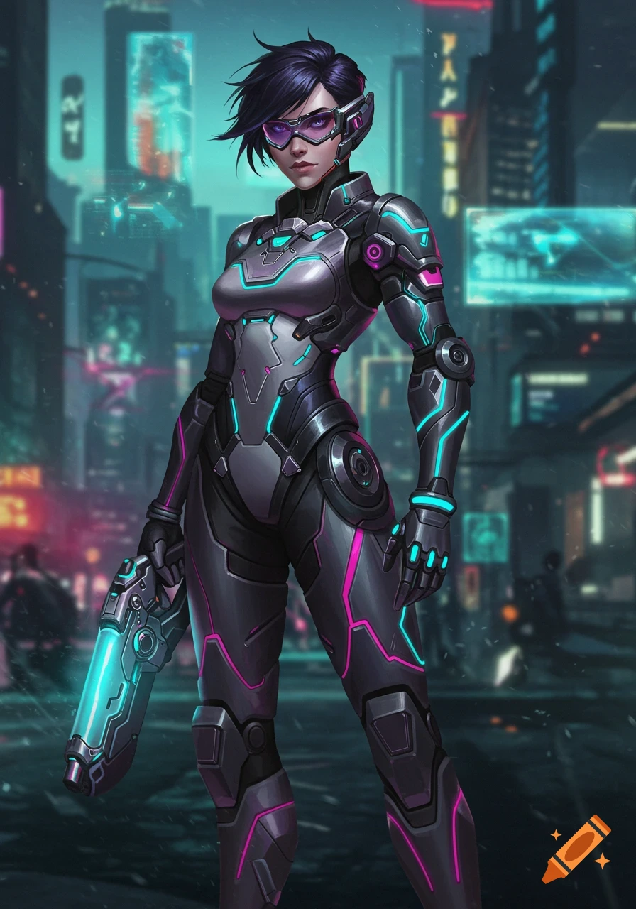 Female warrior in a glowing sci-fi armored suit with a visor, holding an energy weapon in a neon cyberpunk city.