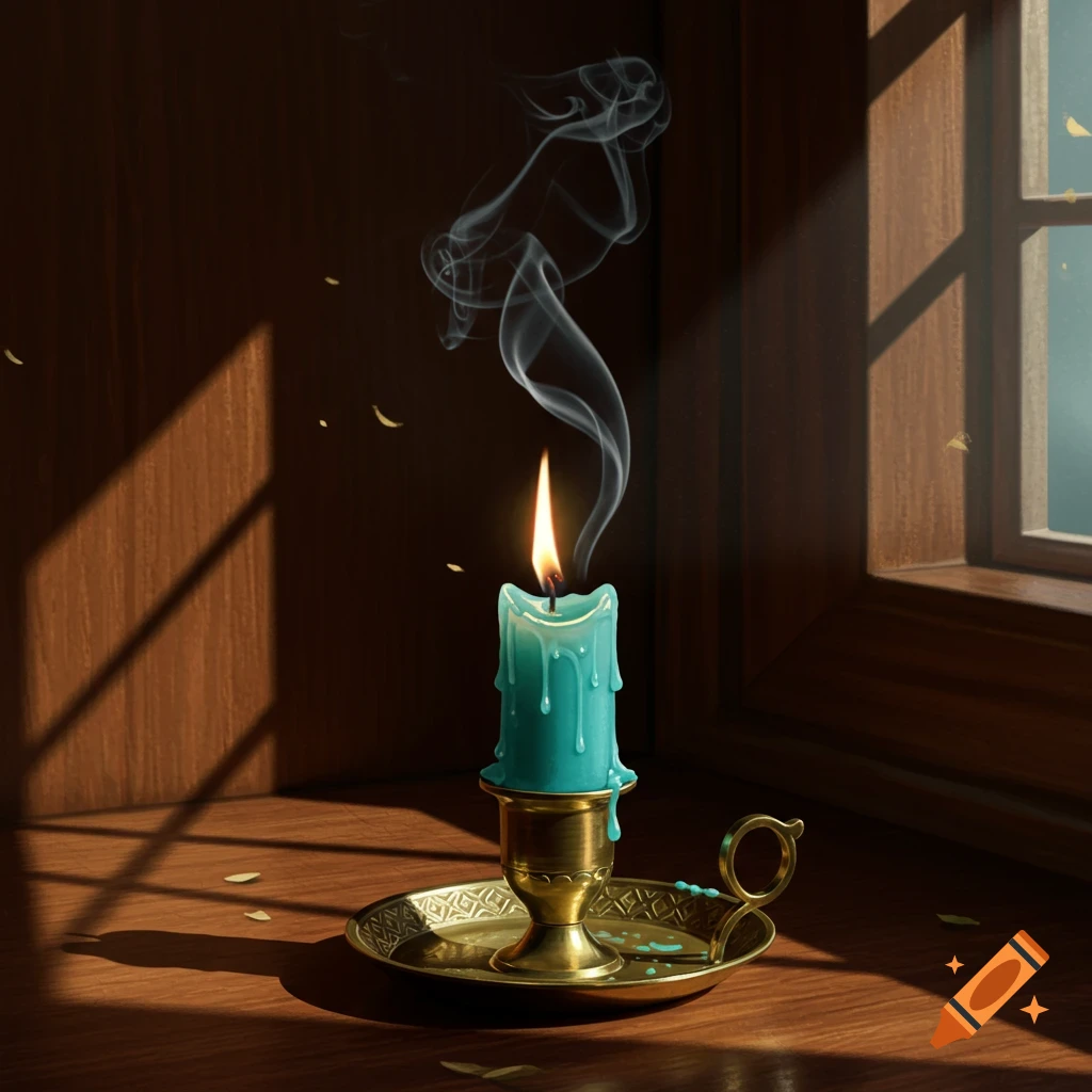 A lit teal candle in a brass holder sits on a wooden surface, with smoke curling upwards and sunlight filtering through a window.