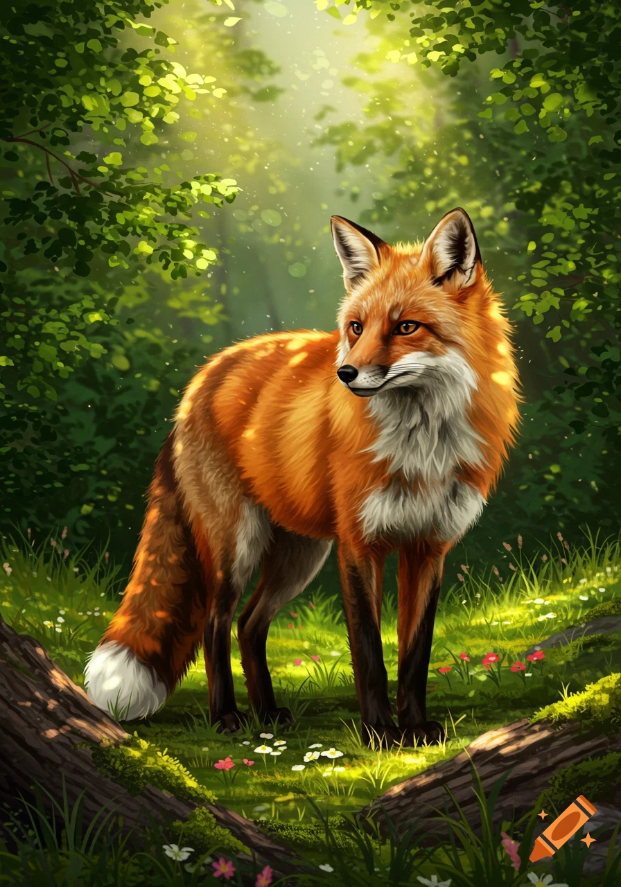 A vibrant red fox stands alert in a sun-dappled green forest, depicted in a detailed digital art style.