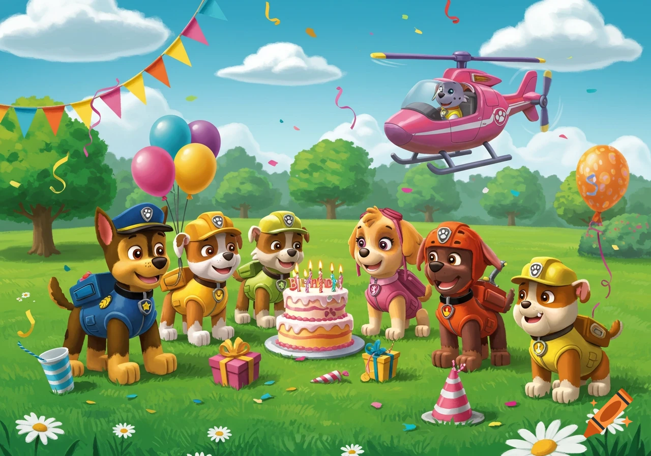 Paw Patrol cartoon characters celebrate a birthday with cake, balloons, and gifts in a park.