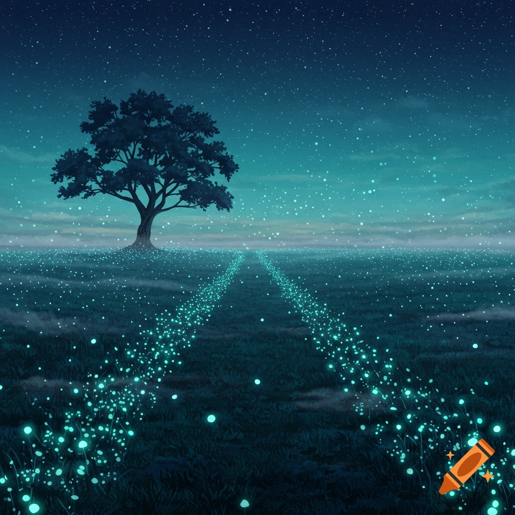 A solitary tree stands in a glowing field under a starry night sky, with a luminous path leading away.