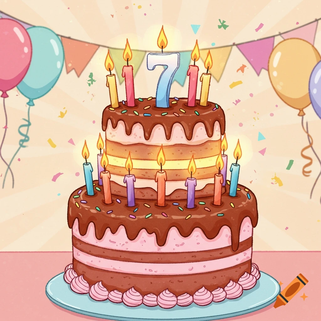 A cartoon-style two-tier chocolate birthday cake with pink icing layers, chocolate drizzle, and colorful sprinkles. It features a large blue number '7' candle in the center, surrounded by other lit, colorful candles, set against a background of balloons, confetti, and bunting.