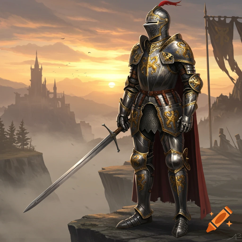 An armored knight with a sword stands on a cliff edge, overlooking a valley and castle at sunset.