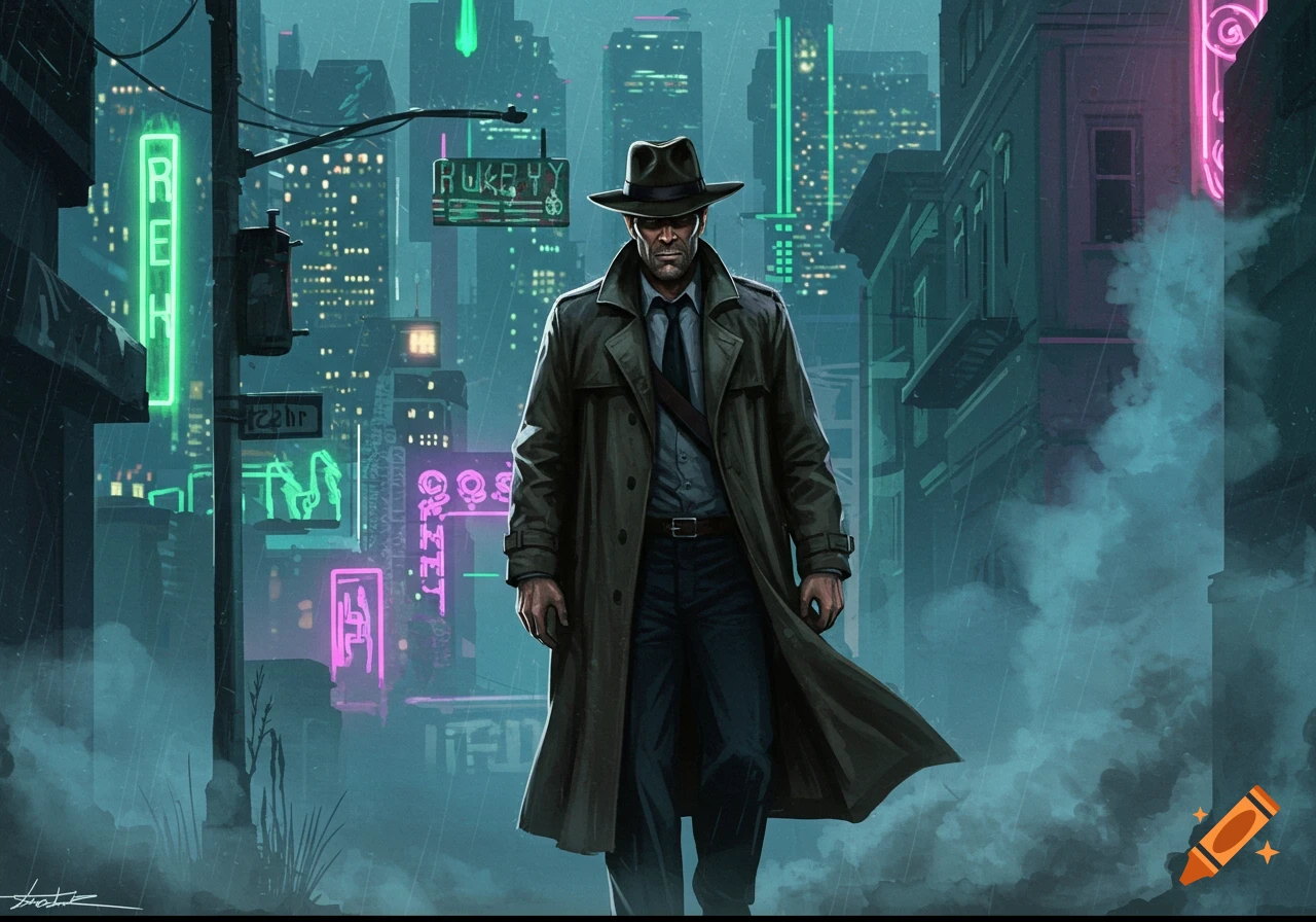 A man in a trench coat and fedora stands in a rainy, neon-lit cyberpunk city street, looking like a detective.