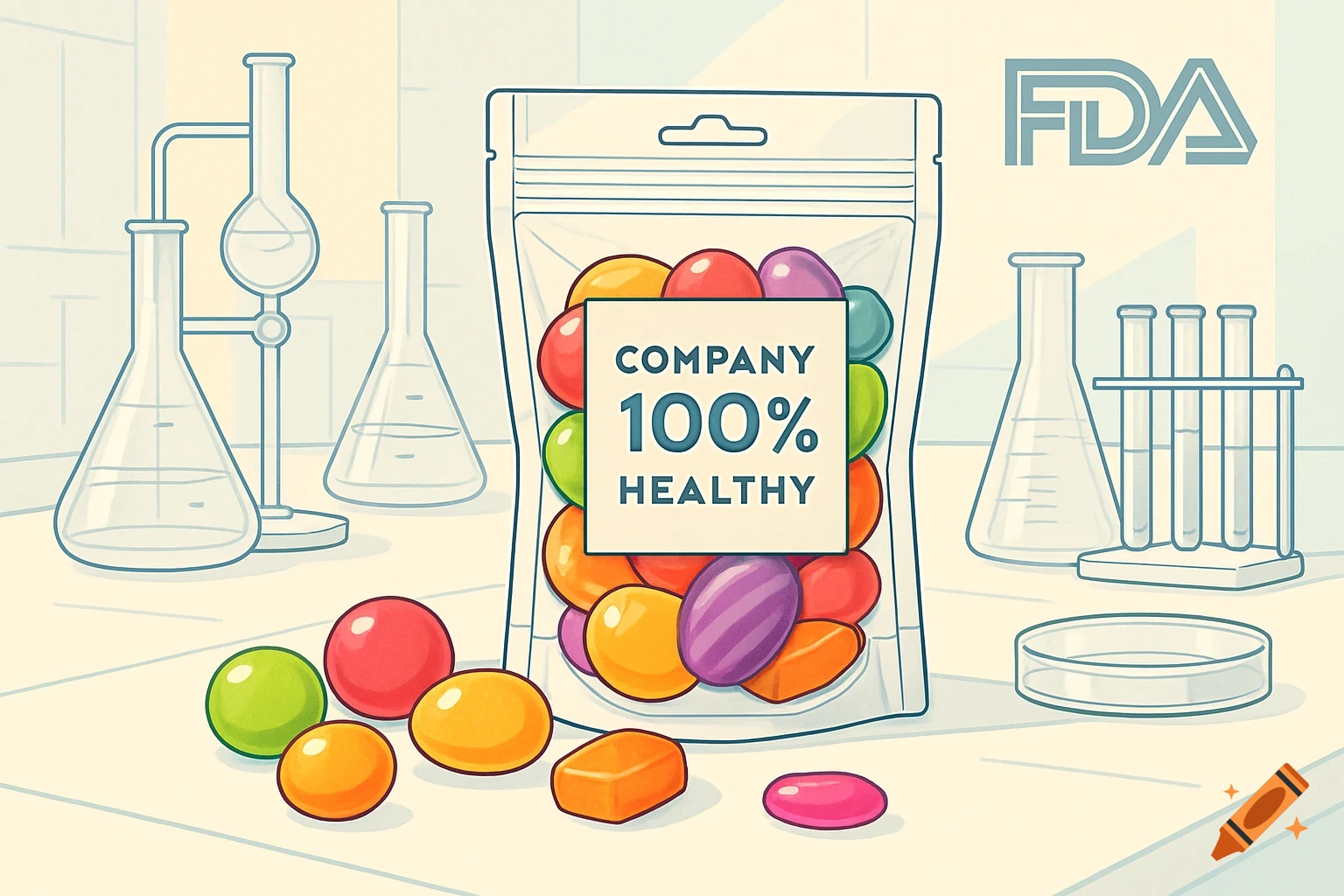 Cartoon illustration of a clear bag of colorful candies labeled 'COMPANY 100% HEALTHY' on a lab table with flasks, test tubes, and an FDA logo.