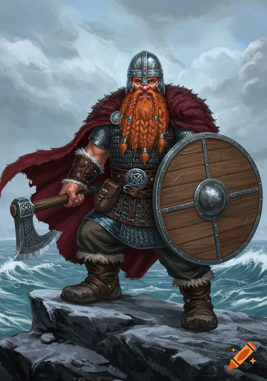 A strong dwarf warrior with a braided red beard, helmet, chainmail, red cloak, axe, and shield stands on a rocky shore by the sea.