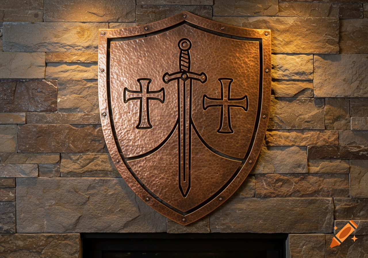 A hammered copper medieval shield featuring a sword and two crosses, mounted on a stone fireplace wall.
