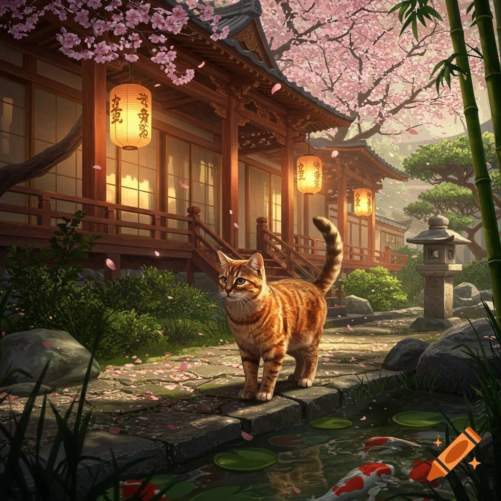 An orange tabby cat stands on a stone path in a beautiful Japanese garden with a traditional wooden house, cherry blossoms, and a koi pond.