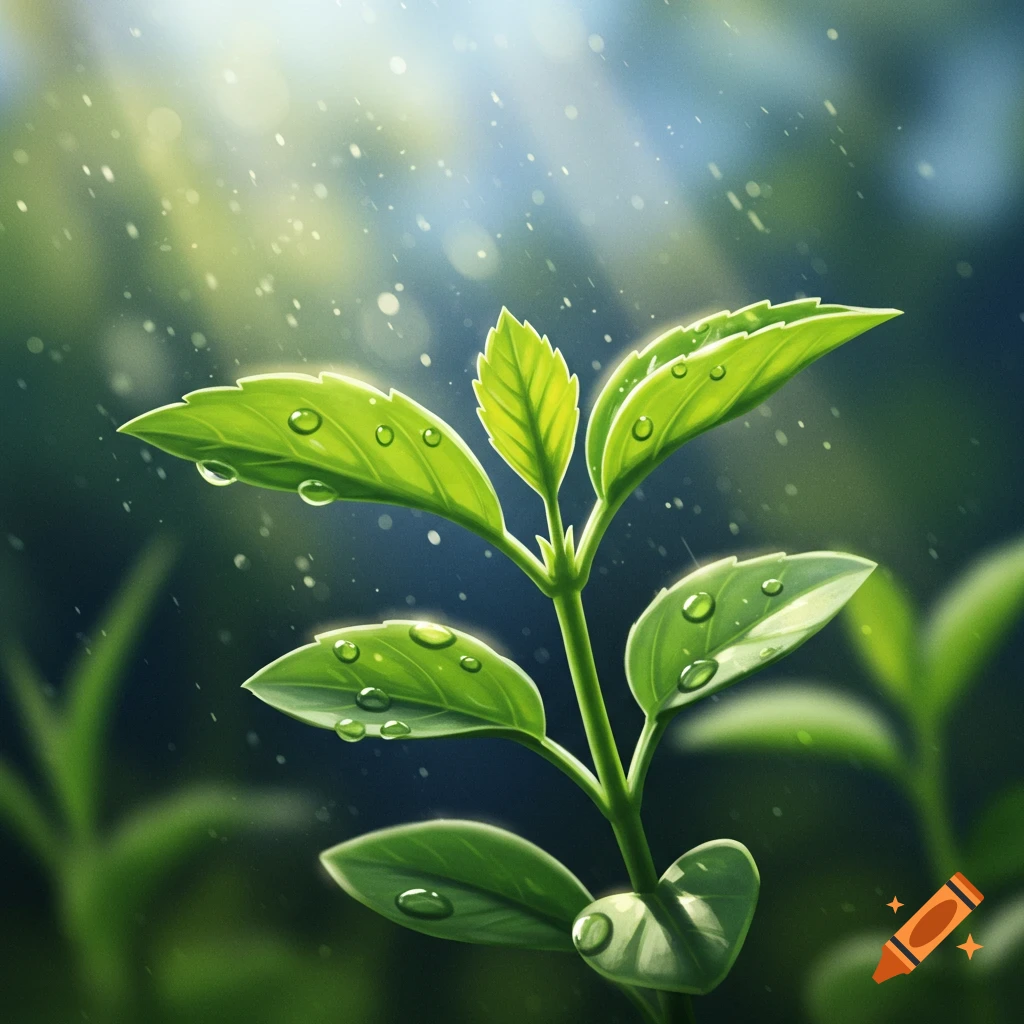 Close-up of a vibrant green plant with water droplets on its leaves, bathed in soft sunlight.