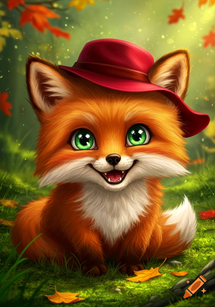 A cute, fluffy orange fox wearing a red hat, smiling with big green eyes, sitting in a vibrant green forest with autumn leaves.