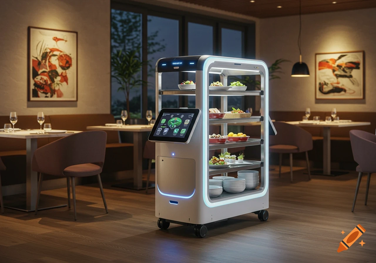 A futuristic serving robot with multiple shelves of dishes and bowls, navigating a modern, dimly lit restaurant.