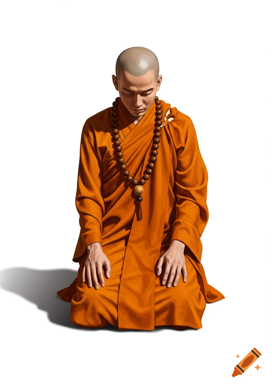 An illustration of a bald human monk in orange robes and wooden prayer beads, kneeling in meditation on a white background.