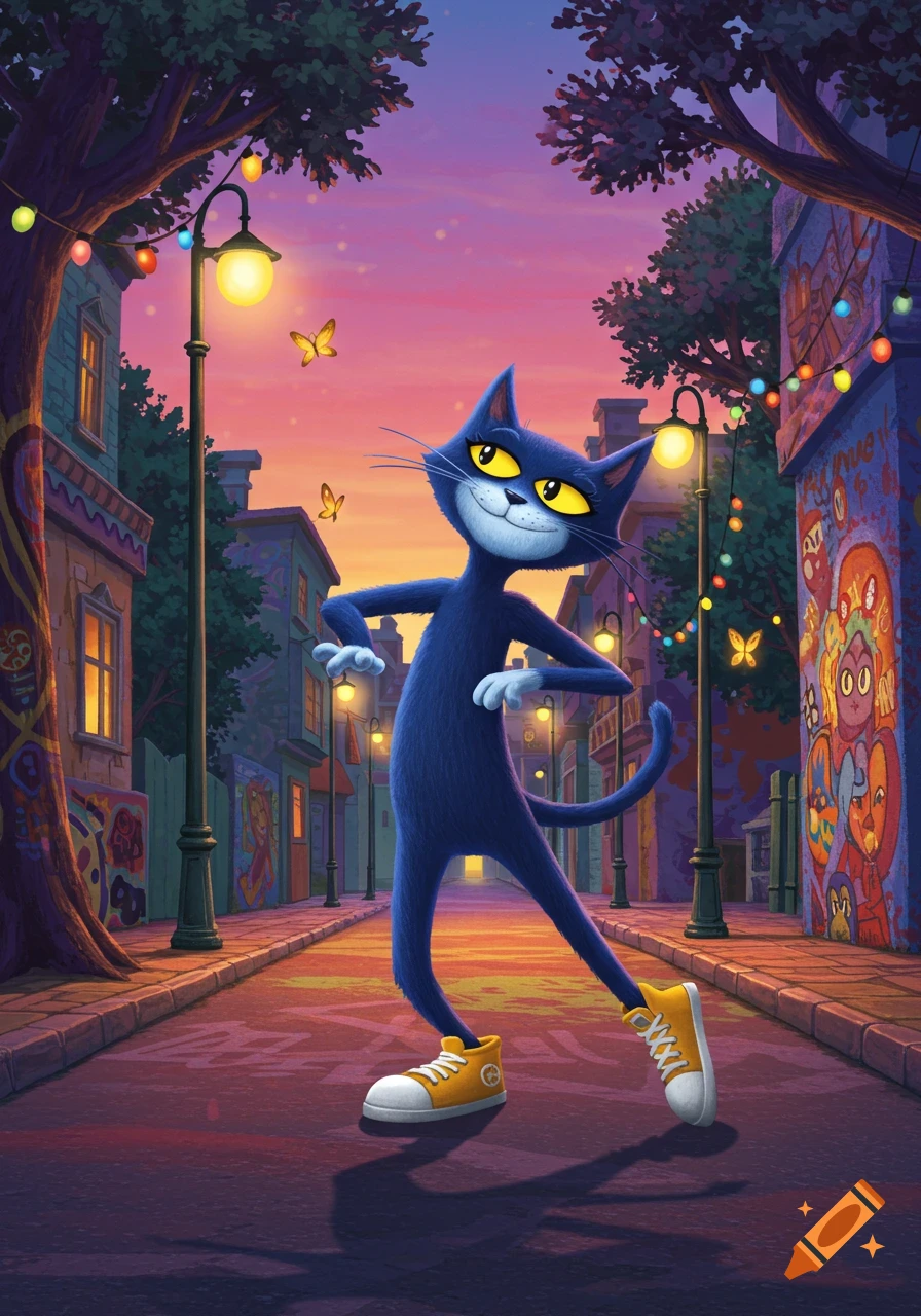 A blue cartoon cat with yellow eyes and white sneakers stands on a colorful street at dusk, surrounded by streetlights and graffiti.