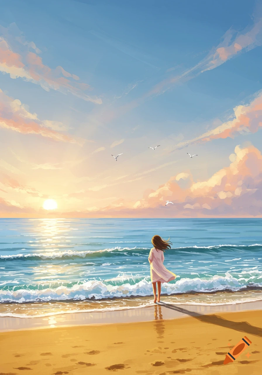 Digital painting of a person on a sandy beach looking at the ocean during a colorful sunset with gulls flying.