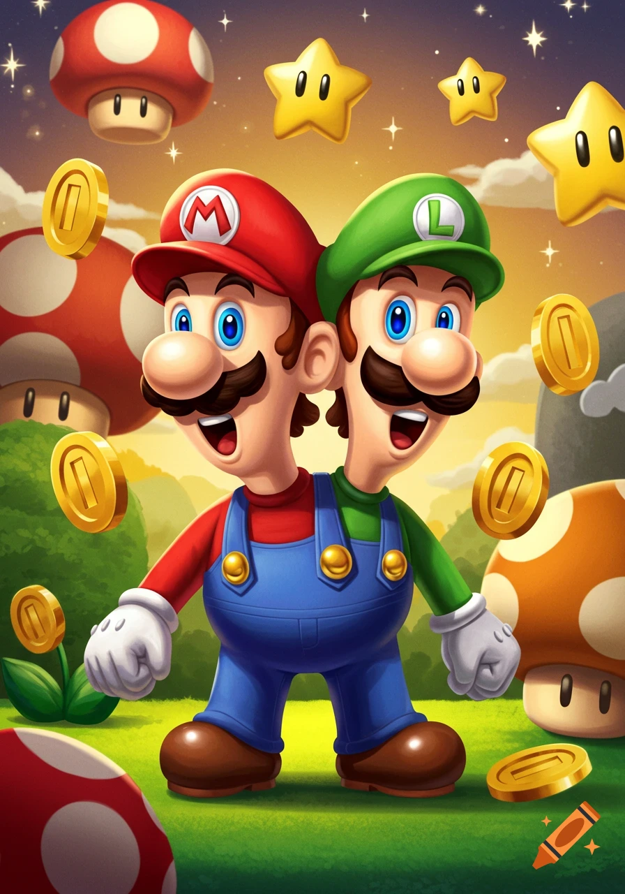 Conjoined Mario and Luigi with a red and green cap, surrounded by coins, stars, and mushrooms in a bright, colorful video game scene.